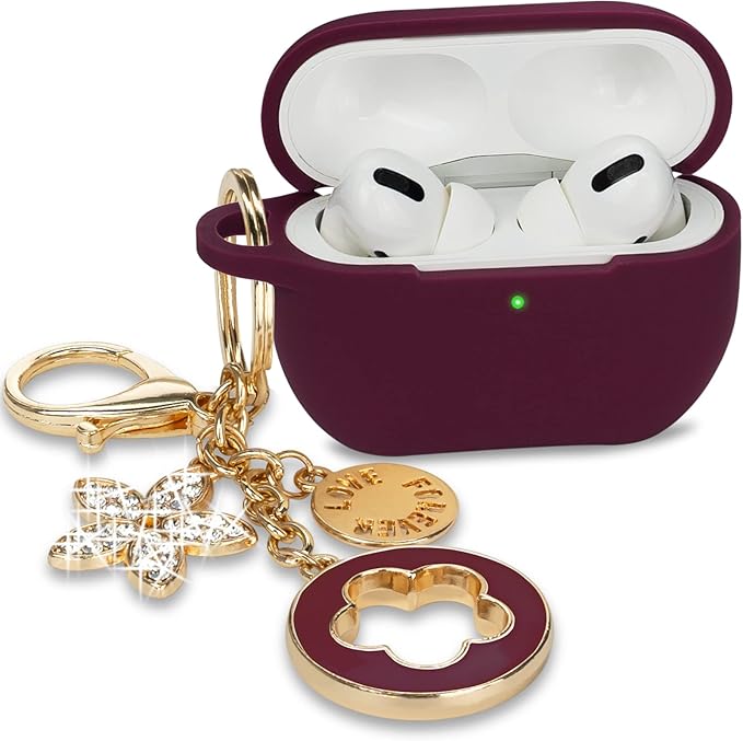 Silicone Protective Case Cover for Airpods Pro with Cute Bling Keychain, Burgundy