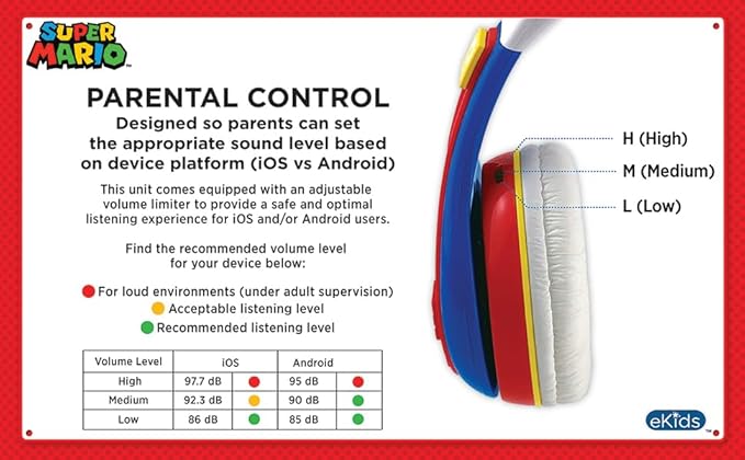 eKids Super Mario Kids Headphones, Adjustable Headband, Stereo Sound, 3.5Mm Jack, Wired Headphones for Kids, Tangle-Free, Volume Control, Childrens Headphones Over Ear for School Home, Travel