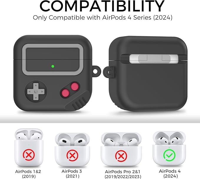 Silicone Game Design 2024 Case for Apple AirPods 4 Gen with Active Noise Cancellation, Cute Case Cover for Women/Men (Black)