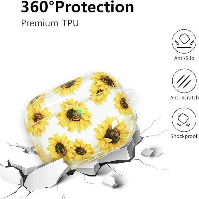 Compatible with AirPods Pro 2 Case Cover 2022, Soft TPU with Cute Flower Pattern for AirPods Pro 2nd/1st Generation Case with Flower Keychain and Carabiner for Girls Women (Yellow)
