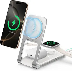 Wireless Mag-Safe Charger Stand for iPhone 17 Pro Max, 3 in 1 Charging Station for Multiple Devices, Metal Foldable Travel Charger for Apple Watch & AirPods, Built-in Retractable USB-C Cable, White - Image 1