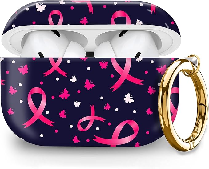 Cute Hard Case Compatible with AirPods Pro 2nd/1st Generation, Protective Cover with Golden Keychain, Fits 2023/2022/2019 Models, for Women, Girls, and Men(Cute Pink Ribbon)