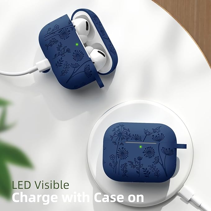 Lerobo for Airpod Pro Case 2nd 1st Generation Case USB C, Cute Flower Engraved Soft Silicone Cover Compatible with Apple AirPod Pro/Pro 2 Case, Full Protective, Front LED Visible, Midnight Blue