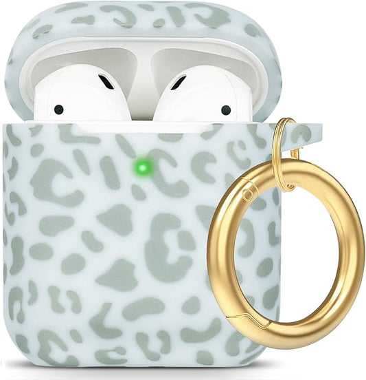 Leopard Silicone Compatible with Airpods Case, Gawnock Soft Cover Flexible Compatible with Airpods 2nd/1st Generation Floral Print Cover for Women Girls with Keychain - Light Green Leopard Cheetah
