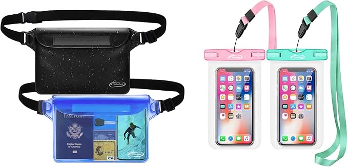 AiRunTech Waterproof Pouch | Way to Keep Your Phone and Valuables Safe and Dry | for Boating Swimming Snorkeling Kayaking Beach Pool (2 Phone Cases(Green + Pink) + 2 Fanny Packs(Black + Blue)