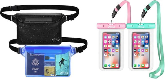 AiRunTech Waterproof Pouch | Way to Keep Your Phone and Valuables Safe and Dry | for Boating Swimming Snorkeling Kayaking Beach Pool (2 Phone Cases(Green + Pink) + 2 Fanny Packs(Black + Blue)