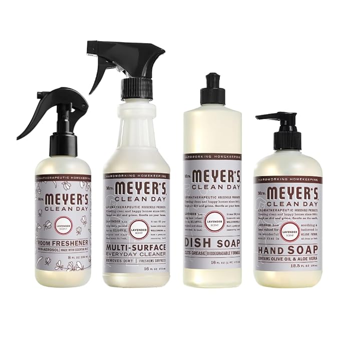 Mrs. MEYER'S Clean Day Lavender Scent Variety, 1 Room Freshener 8 OZ, 1 Liquid Dish Soap 16 OZ, 1 Liquid Hand Soap 12.5 OZ, 1 Multi-surface Cleaner 16 OZ, Lavender, 1 CT