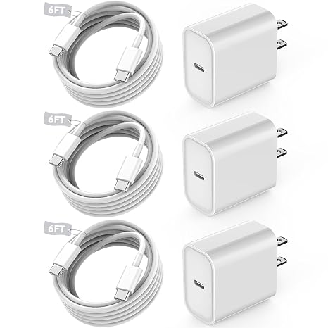 Fast USB C Charger Block,3Pack Long 6FT USBC to USBC Cable iPad Cord 20W iPhone 17 Pro Max Charger Travel Plug Fast Charging for iPhone 17/17 Air/17 Pro/16/16e/16 Pro/16Plus/15/15Pro/Pro Max/Plus,iPad