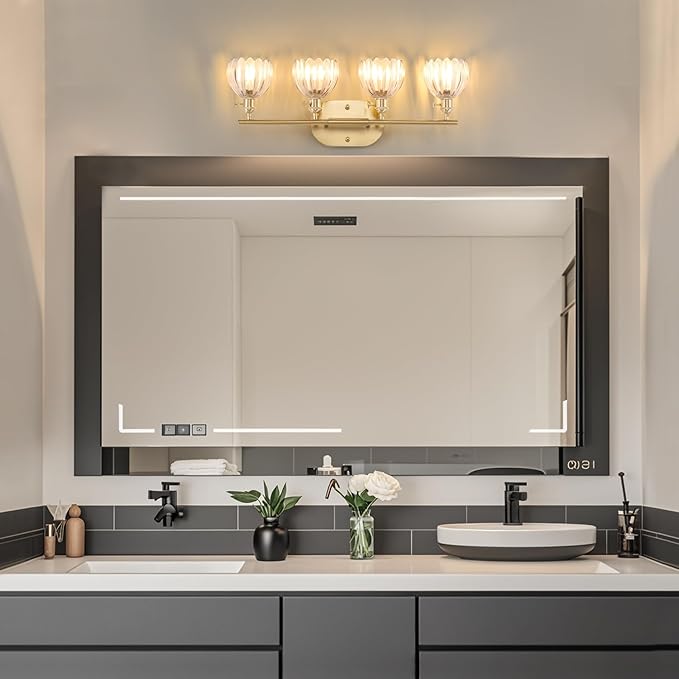 Bathroom Light Fixtures, 4-Light Brass Vanity Wall Light Over Mirror with Clear Tulip Glass Shade for Bedroom Living Room (Bulb Not Included)