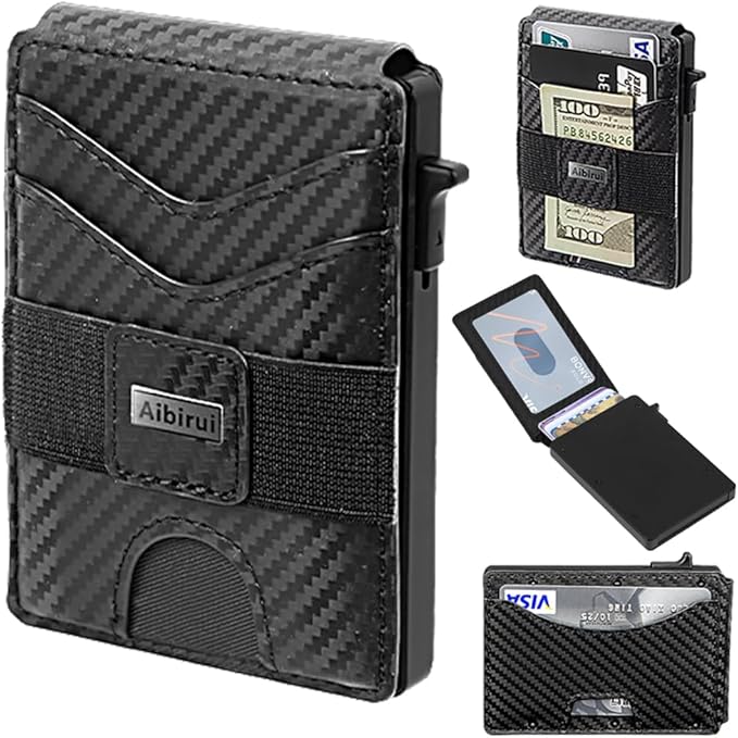 Pop Up Wallet for Men with Money Clip, Slim Minimalist-Business Card Case,Carbon Fiber Slots Credit Card Holder RFID Blocking Bifold Slim Wallet with ID Window(Black Slim Wallet for Men Gift)
