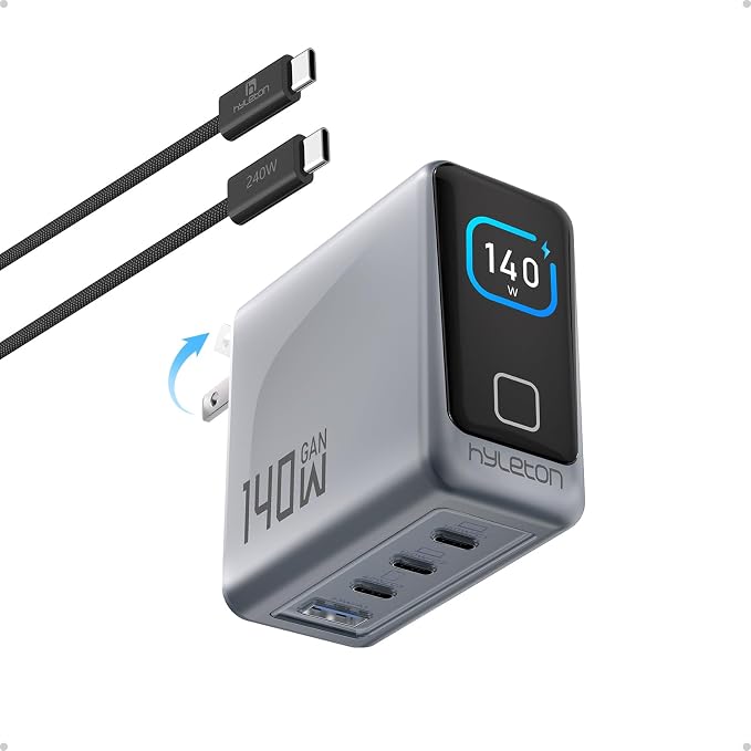 MacBook Pro Charger 140W, 4-Port GaN USB C Fast Charger with Auto-Rotating Smart Display, PD 3.2/AVS Laptop Power Adapter for MacBook Pro 16/14, iPad, iPhone 18/17/16 (5ft 240W Cable Included)