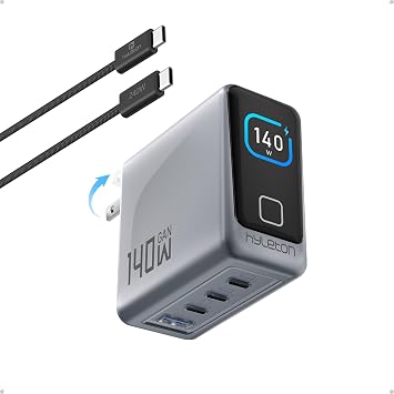 MacBook Pro Charger 140W, 4-Port GaN USB C Fast Charger with Auto-Rotating Smart Display, PD 3.2/AVS Laptop Power Adapter for MacBook Pro 16/14, iPad, iPhone 18/17/16 (5ft 240W Cable Included)