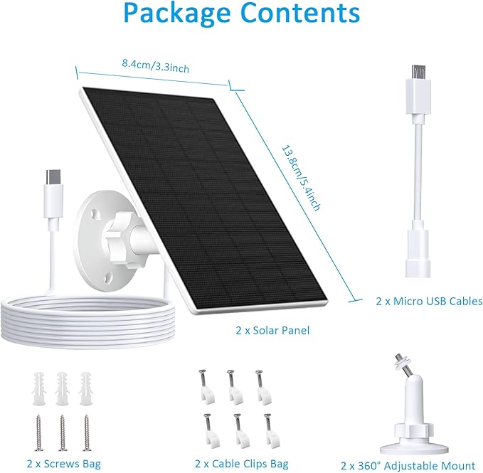 Zivif Solar Panel for Security Camera, 2 Pack 2W Solar Charger with Micro USB & USB-C Port, IP65 Waterproof USB C Solar Panel for Outdoor Rechargeable Battery Cameras, with 360° Adjustable Mount