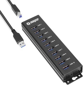 USBGear 10-Port USB Hub 3.2 Gen 1 – Mountable SuperSpeed Data Hub with USB Ports for Laptop, PC, Desktop, and More, 5V/4A Power Adapter with Type-A to Type-B Cable (3ft), Computer Accessories
