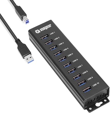 USBGear 10-Port USB Hub 3.2 Gen 1 – Mountable SuperSpeed Data Hub with USB Ports for Laptop, PC, Desktop, and More, 5V/4A Power Adapter with Type-A to Type-B Cable (3ft), Computer Accessories