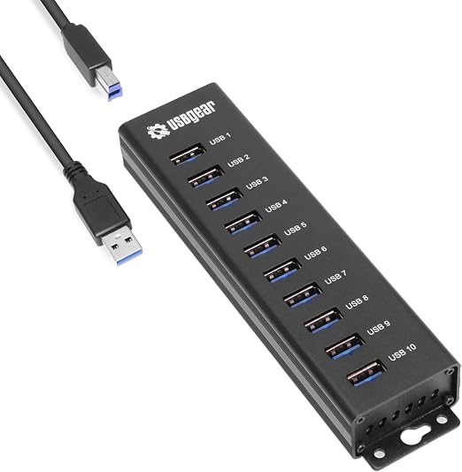 USBGear 10-Port USB Hub 3.2 Gen 1 – Mountable SuperSpeed Data Hub with USB Ports for Laptop, PC, Desktop, and More, 5V/4A Power Adapter with Type-A to Type-B Cable (3ft), Computer Accessories