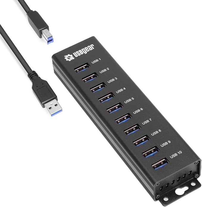 USBGear 10-Port USB Hub 3.2 Gen 1 – Mountable SuperSpeed Data Hub with USB Ports for Laptop, PC, Desktop, and More, 5V/4A Power Adapter with Type-A to Type-B Cable (3ft), Computer Accessories