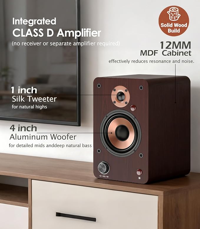 LONPOO 100W HiFi Active Bookshelf Speakers with Bluetooth, 4'' Aluminum Woofer, 12MM Wooden Cabinet, DSP-Tech, Optical/RCA/USB/AUX for TV PC Turntable (LP-42M)