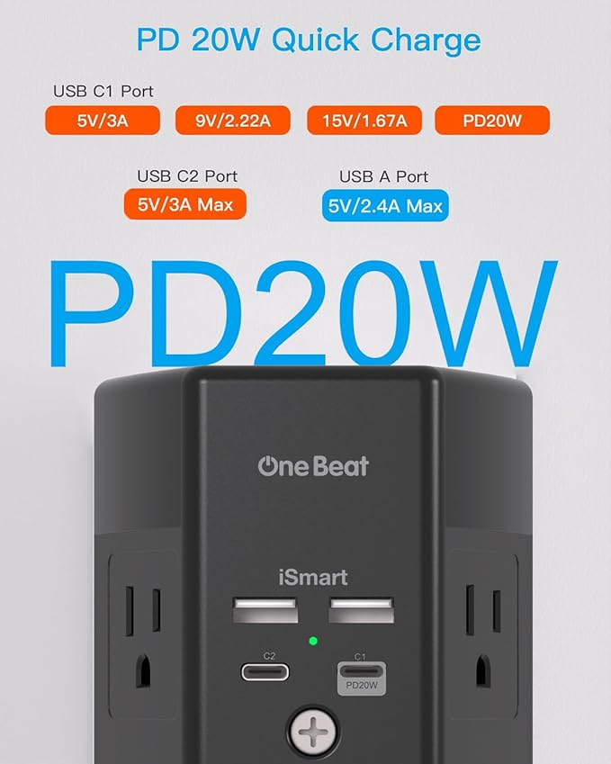 Multi Plug Outlet, Surge Protector, 5 Outlet Extender with 4 USB Ports (2 USBC), PD 20W USB Wall Charger, 3-Sided 1800J Power Strip Outlets Splitter Wall Plug Adapter Spaced for Home Office, Black