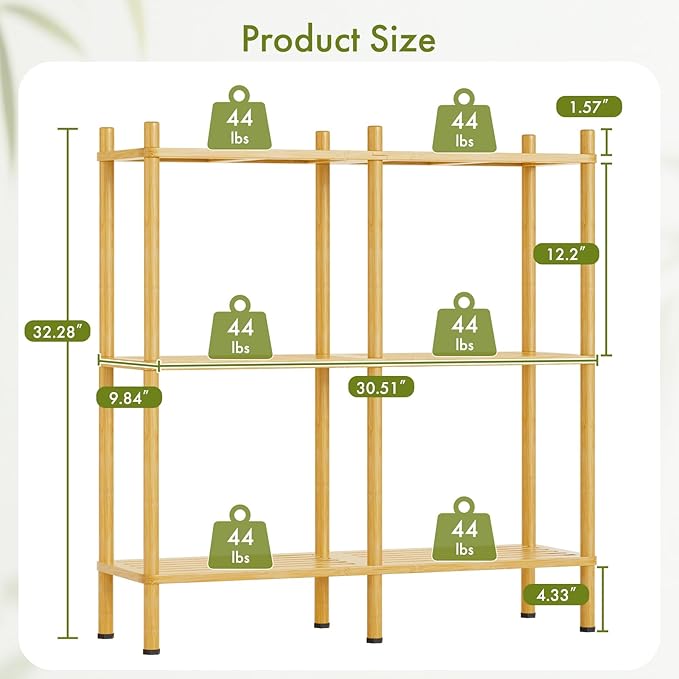 3 Tier Bookshelf, Wide Bookcase Shelf, Storage 6 Open Display Book Shelves, Bamboo Bookshelves Rustic Storage Organizer, Standing Shelf Unit for Living Room, Bedroom, Bathroom, Home Office