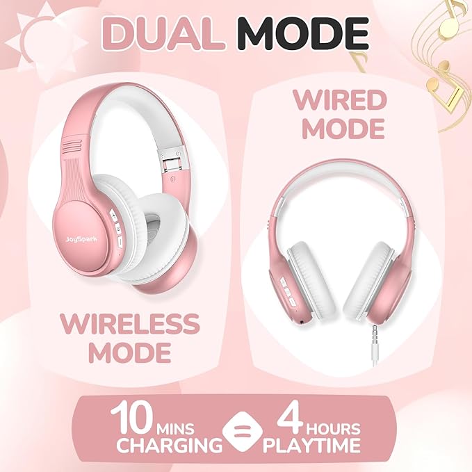 Kids Bluetooth Headphones, 60 Hours Playtime, Bluetooth 5.4 Kids Headphones Wireless, Type-C Fast Charging, 85/94dB Volume Limited, Foldable Toddler Wireless Headsets with Mic-Rose Gold
