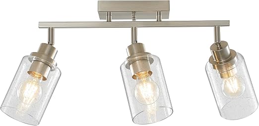 LOUSACE 3-Light Brushed Nickel Track Lighting, Modern Flush Mount Seeded Glass Ceiling Light, Kitchen Ceiling Light Fixtures Over Sink for Dining Room Kitchen Bathroom Hallway
