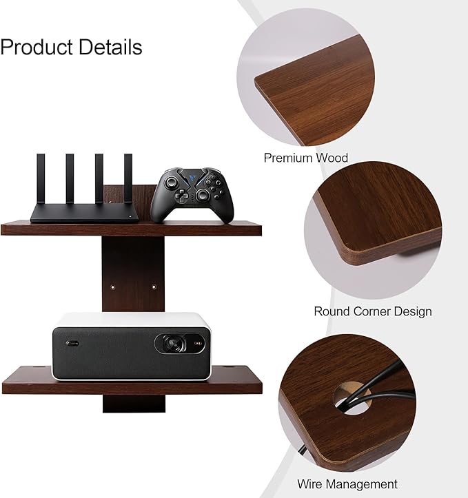 2PCS Floating TV Shelf, Projector Wall Mount Holds Up to 22lbs, Wooden Float Book Shelves Projector Shelf for Wall DVD Players, Living Room Decor,Game Consoles Bed Room,4 Shelves