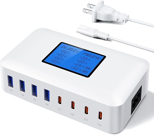 200W USB Charging Station, RENGOGA 8 Port USB Charger Hub GaN Desktop Fast Charger for Multiple Devices, LCD Display Multi USB C Block Charger for MacBook iPhone 16 15 14 13 Pixel Samsung Galaxy iPad