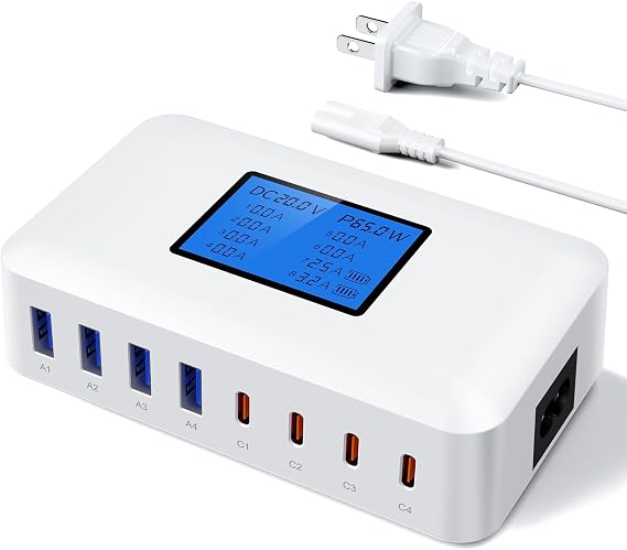 200W USB Charging Station, RENGOGA 8 Port USB Charger Hub GaN Desktop Fast Charger for Multiple Devices, LCD Display Multi USB C Block Charger for MacBook iPhone 16 15 14 13 Pixel Samsung Galaxy iPad