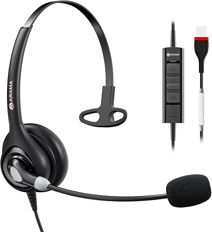 Arama USB Headset with Microphone (A600MONO) – Noise Cancelling, Inline Volume & Mute Control, USB-A & USB-C Compatible for Computer, Laptop, Mac, Zoom, Teams, Skype