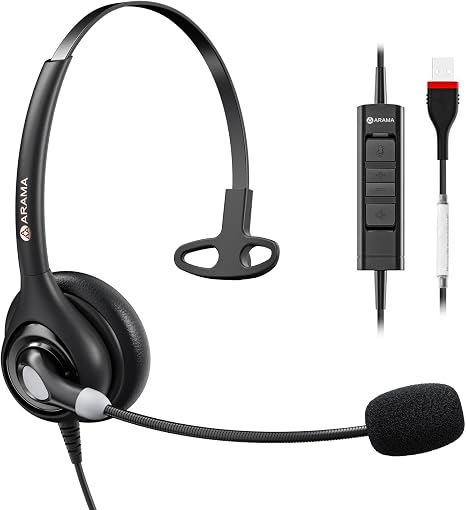 Arama USB Headset with Microphone (A600MONO) – Noise Cancelling, Inline Volume & Mute Control, USB-A & USB-C Compatible for Computer, Laptop, Mac, Zoom, Teams, Skype
