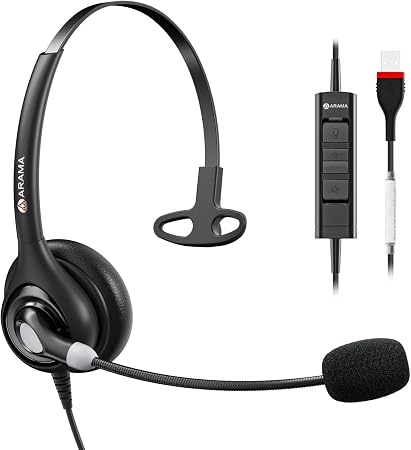 Arama USB Headset with Microphone (A600MONO) – Noise Cancelling, Inline Volume & Mute Control, USB-A & USB-C Compatible for Computer, Laptop, Mac, Zoom, Teams, Skype