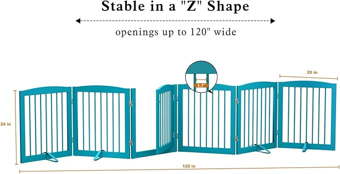 Freestanding Pet Gates with Walk Through Door, Dog Indoor Fence, Dog Gate for The House, Doorway, Stairs, Extra Wide Pet Gate, Support Feet Included, 120 Inch Wide, 6 Panels 24" Tall, Blue
