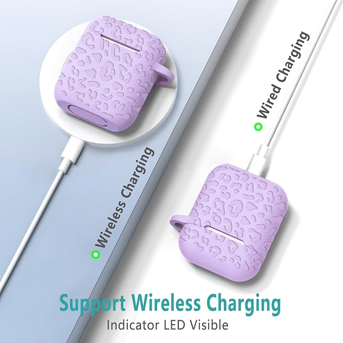 Compatible with Airpods Case Leopard Engraved Skin Cover Compatible with Airpods 2nd/1st Charging Case,Cute Soft Silicone Full Protective, Front LED Visible, Lavender