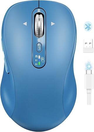 Wireless Bluetooth Mouse Rechargeable,USB+BT×2,Multi Device Quiet Ergo Computer Mouses,Metal 4-Way Super Scrolling,± 3200 DPI,10 Button,Plug&Play,Cordless Mice for Laptop,Tablet,Mac,iPad,PC,Phone-Blue - Image 3