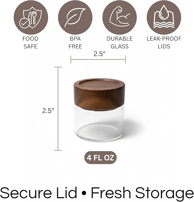 Wide Mouth Glass Storage Jars With 2.5" Acacia Wood Lids - 6 Pack of 4 Oz Food Storage Containers - Borosilicate Glass Canisters Sets For Kitchen - Pantry Organizers and Storage for Rice Coffee Beans