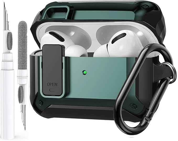 for Airpods Pro 3 Case with Lock Clip, Rugged Apple Airpods Pro 3rd Generation Cover 2025 Men Women, Armor Shockproof iPod Pro3 Gen Protective Hard Shell with Carabiner&Cleaner kit,Black/Green