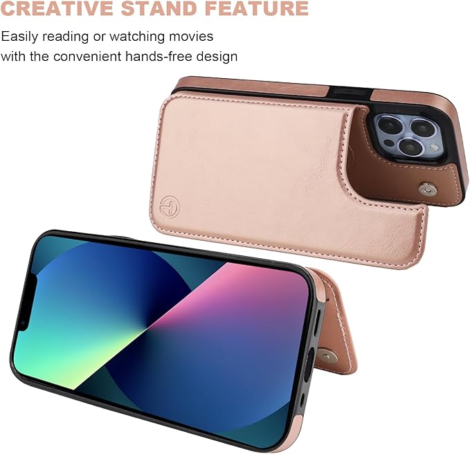 ONETOP Compatible with Magsafe for iPhone 13 Pro Max Wallet Case with Card Holder, PU Leather Kickstand RFID Blocking Case, Double Magnetic Clasp and Durable Shockproof Cover 6.7 Inch (Rose Gold)