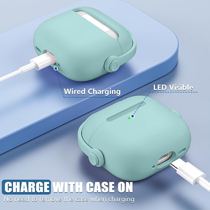 with Safety Lock for Airpods 4 Case, TPU Case for Apple Airpods 4 Case 2024 USB-C with Cleaner Kit, Drop Protection Airpods 4 Case Cover with Lock and Keychain, Mint Green