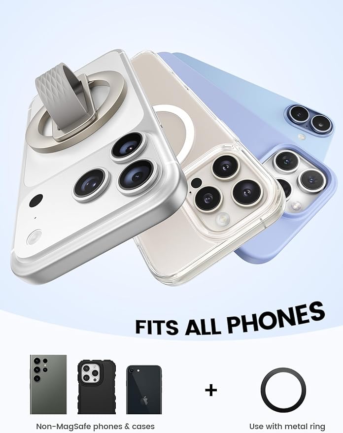 Lamicall Magnetic Phone Grip Holder for MagSafe - [Soft Silicone Loop] Vertical Cell Phone Zinc Alloy Ring Stand Kickstand, Magnet Hand Grip Mag Safe Accessories for iPhone 12-17 Series, Titanium