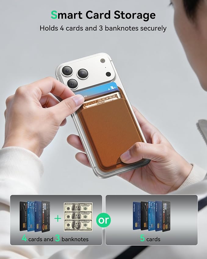 for MagSafe Wallet with Stand, 5 Card Holder, Slim Leather Magnetic Wallet for iPhone 17/16/15/14/13/12 Pro Max Plus Air Series, 3 Card Slots & 1 Cash Slot,Coffee