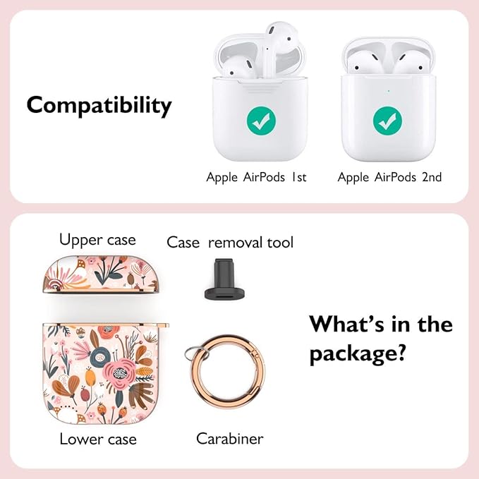 TATOFY Case Cover for AirPods 1&2, Elegant Cute Flower Patterns Protective Hard Case with Clip Keychain