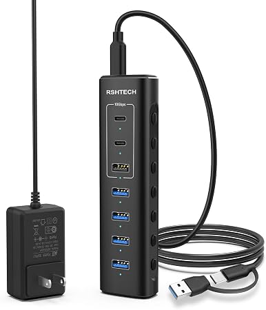 RSHTECH 7‑Port Powered USB C Hub, 10Gbps USB 3.2(2C+1A), 4 USB-A 3.0 Ports - Image 3
