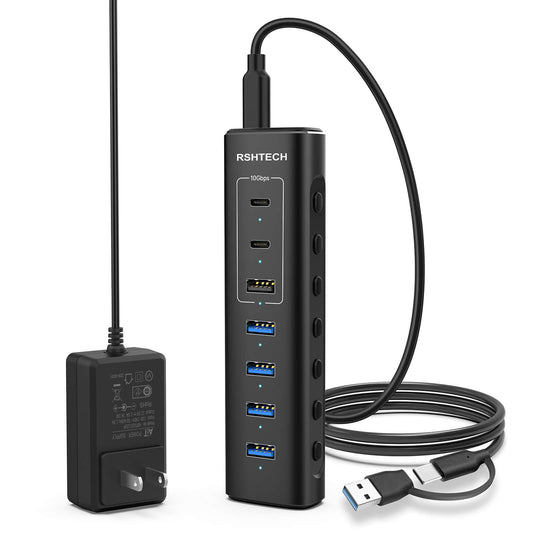 RSHTECH 7‑Port Powered USB C Hub, 10Gbps USB 3.2(2C+1A), 4 USB-A 3.0 Ports