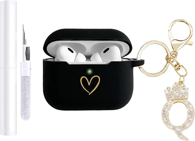 Compatible with AirPods Pro 3 Case Cover (2025), Soft Silicone Case with Gold Heart Pattern for AirPods Pro 3rd Generation Case with Rhinestone Studded Letter A-Z Keychain (Q Black)
