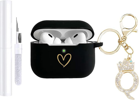 Compatible with AirPods Pro 3 Case Cover (2025), Soft Silicone Case with Gold Heart Pattern for AirPods Pro 3rd Generation Case with Rhinestone Studded Letter A-Z Keychain (Q Black)