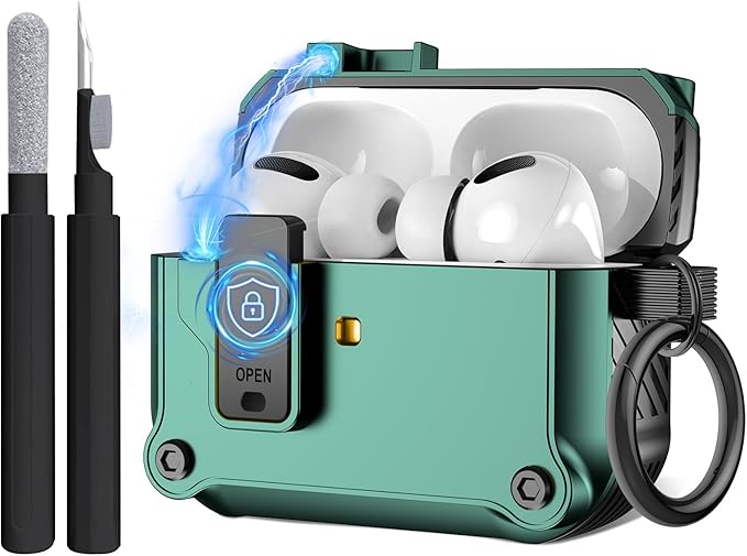 Maxjoy for Airpods Pro 3 Generation Case(2025), Secure Lock Clip Full Body Shockproof Hard Shell Protective Apple for Airpods Pro 3 Case Cover with Keychain Cleaner Kit for Men Women,Green