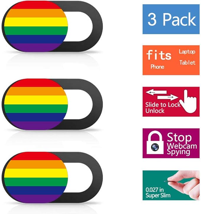 SIREG Webcam Cover Ultra Thin - Web Camera Cover fits Laptop,Tablet, Computer, Smartphone, Protect Your Privacy and Security,Strong Adhesive (Rainbow-Black & 3 Pack)