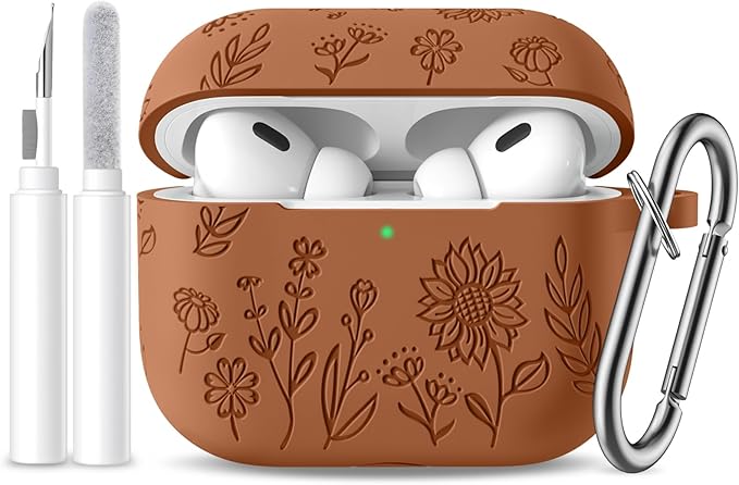 Flower Engraved Case for AirPods Pro 2 Gen with Clean Kit & Keychain, Soft Silicone Protective AirPods Pro Case Cover for Apple AirPods Pro 2nd/1st Generation,Front LED Visible, Reddish Brown