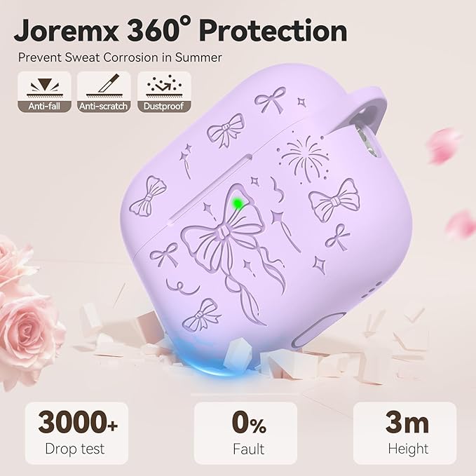for Airpods Pro 3 Case Cover, Joremx Cute Bow Engraved Silicone Protective Case Cover with Keychain, Cleaner Kit for Airpods Pro 3rd Generation (2025) (Light Purple)